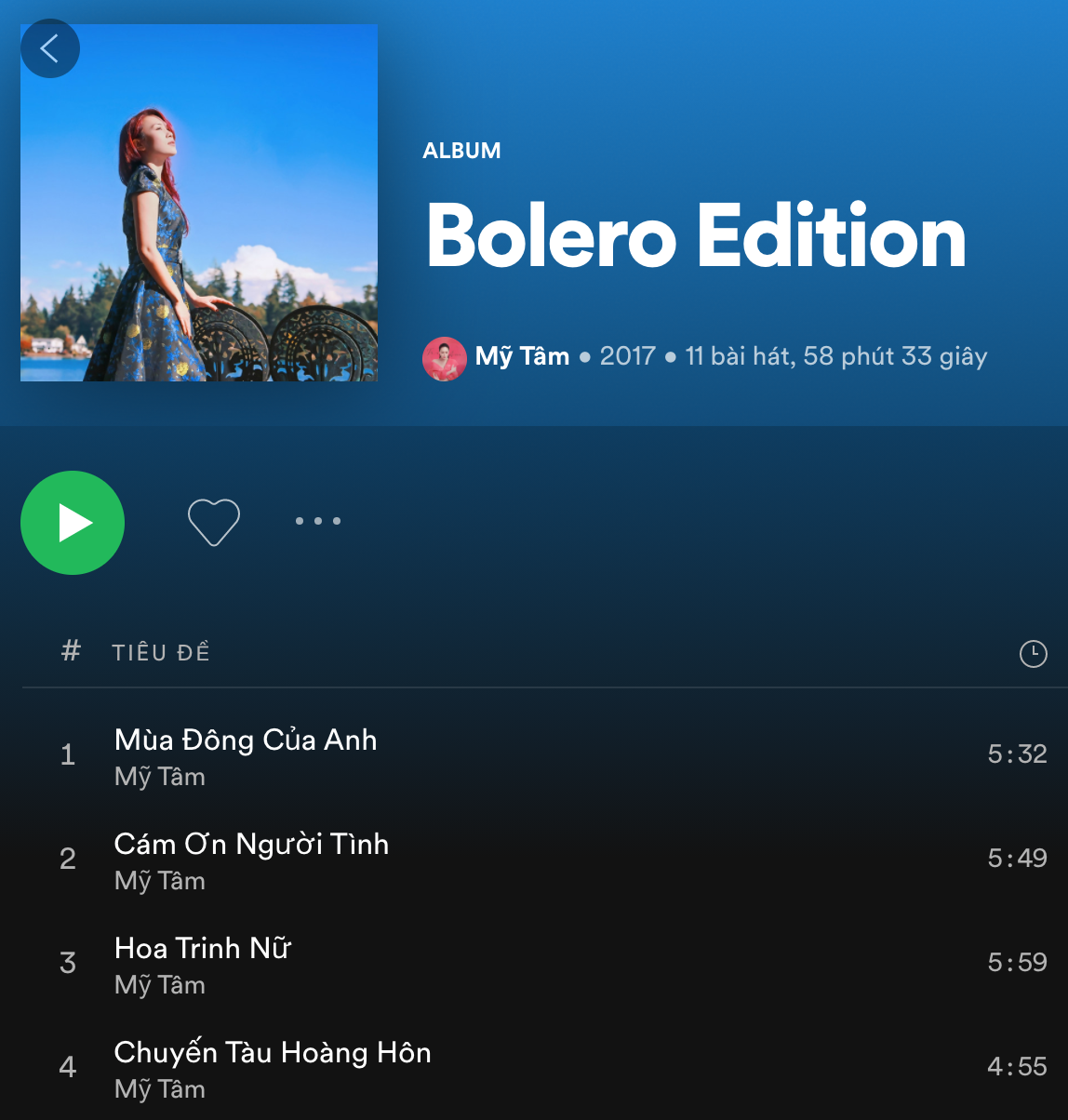 Album Bolero Edition của Mỹ Tâm gồm 11 ca khúc được thu âm hoàn chỉnh dựa trên các màn trình diễn trước đây của nữ ca sĩ