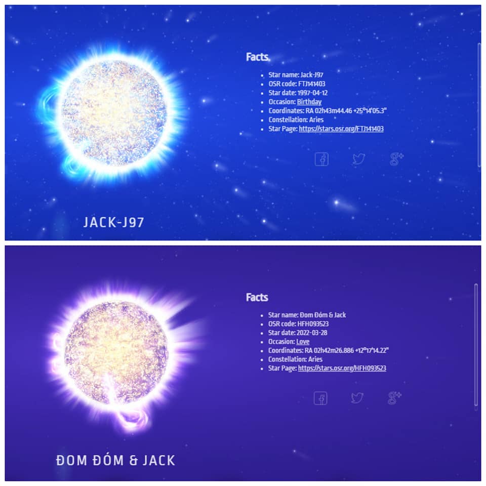 Ngôi sao của fan Đóm có màu xanh ánh tím, đặt kế bên ngôi sao xanh của Jack như thể hiện sự gắn kết sâu sắc trong tình bạn giữa thần tượng và idol.