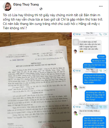 Đặng Thùy Trang tung ra giấy tờ và dòng tin nhắn thỏa thuận với Nguyễn Thúc Thùy Tiên nhưng độ xác thực của vấn đề chưa được chắc chắn.