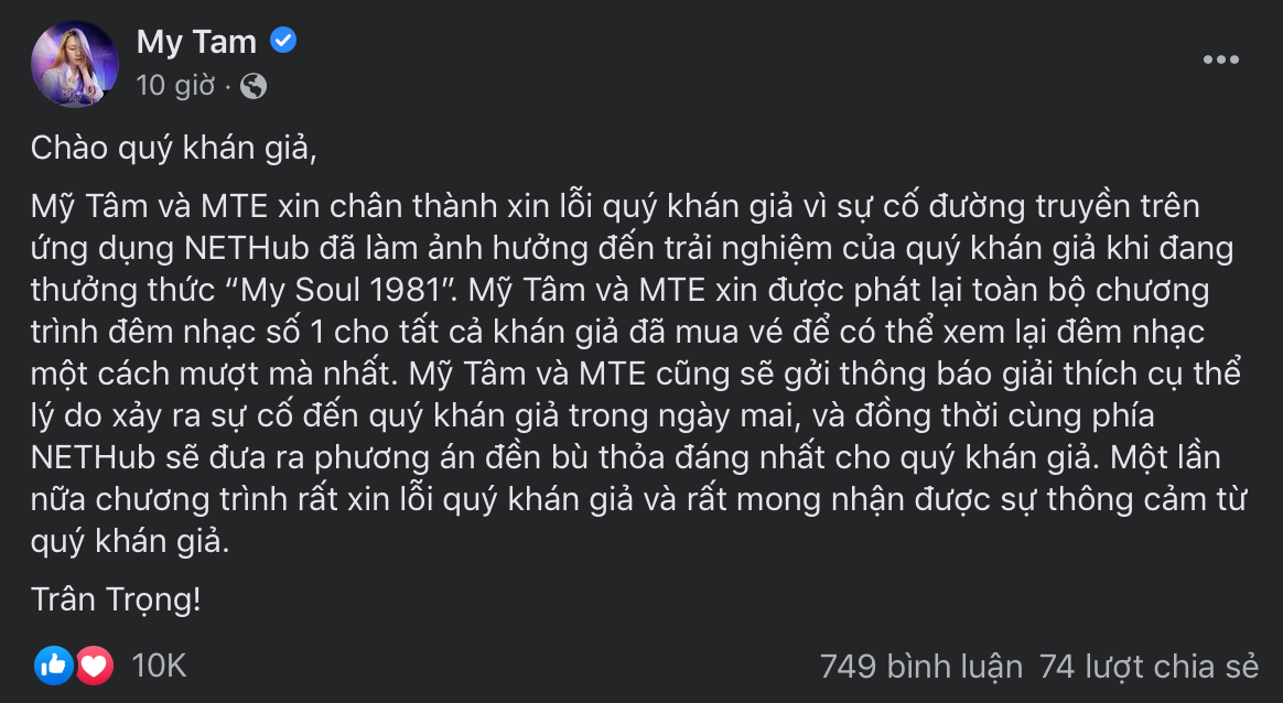 Mỹ Tâm lên tiếng xin lỗi vì sự cố kỹ thuật trong liveshow online gây ảnh hưởng người xem Đêm nhạc online mới nhất của Mỹ Tâm gặp sự cố đáng tiếc về đường truyền khiến nữ ca sĩ phải lên tiếng xin lỗi
