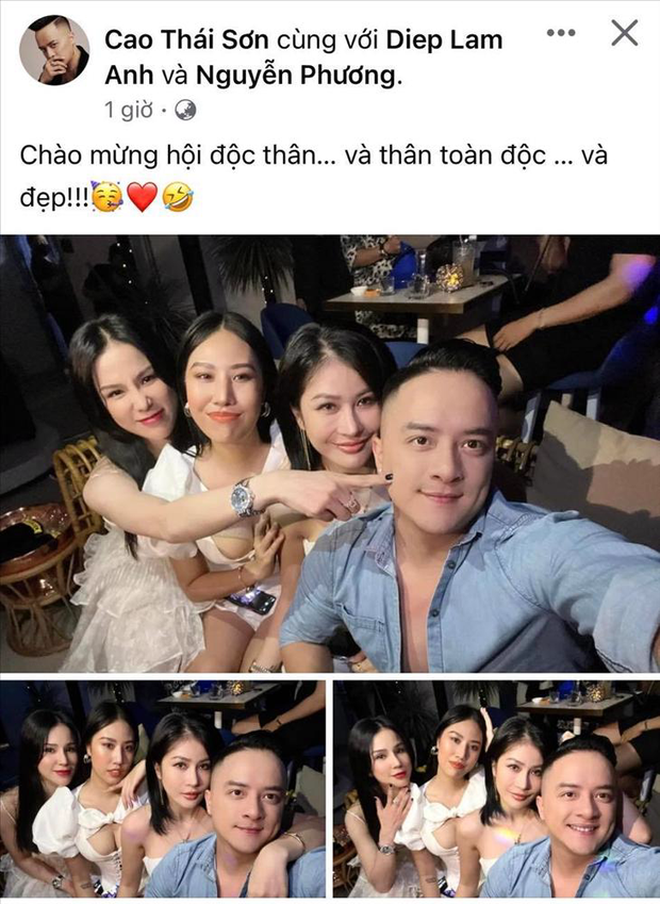 Thêm vào đó là status ẩn ý của Cao Thái Sơn khi chụp hình cùng Diệp Lâm Anh nhưng caption lại là 'hội độc thân' .
