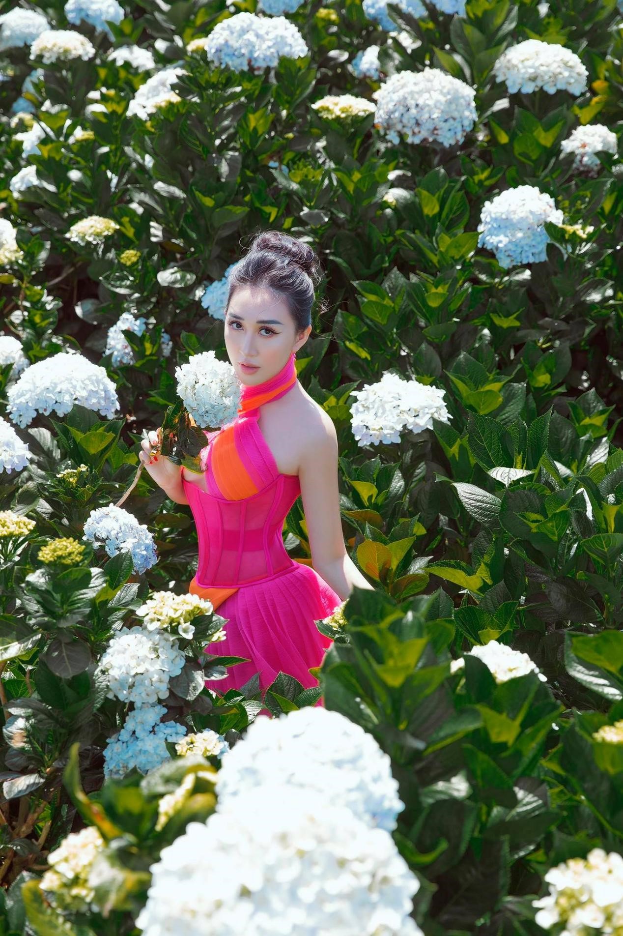 Hoa Hậu Huỳnh Thuý Anh đẹp mơ mộng giữa vườn hoa cẩm tú cầu - ảnh 1