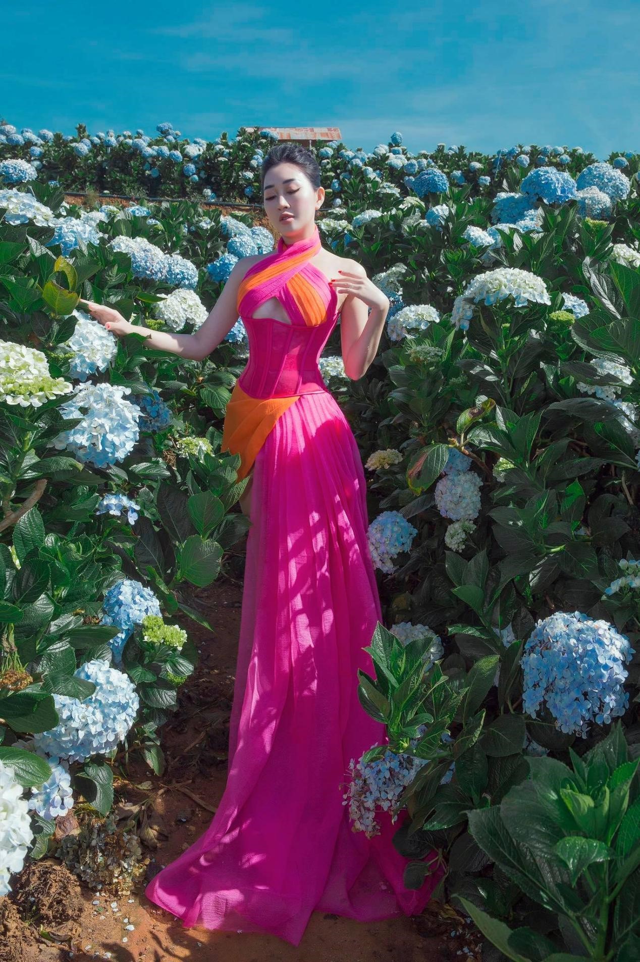 Hoa Hậu Huỳnh Thuý Anh đẹp mơ mộng giữa vườn hoa cẩm tú cầu - ảnh 11