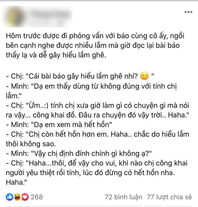 Thế nhưng sau khi tin tức Mỹ Tâm công khai hẹn hò Mai Tài Phến đăng tải chưa được bao lâu thì một nhân vật (tạm gọi là bạn của Mỹ Tâm) chia sẻ chuyện này không giống tính cách của Mỹ Tâm. Ngoài ra, người dùng này còn tiết lộ thêm cuộc hội thoại của mình cùng Mỹ Tâm với tình tiết 'phủ nhận' chuyện hẹn hò
Xem thêm