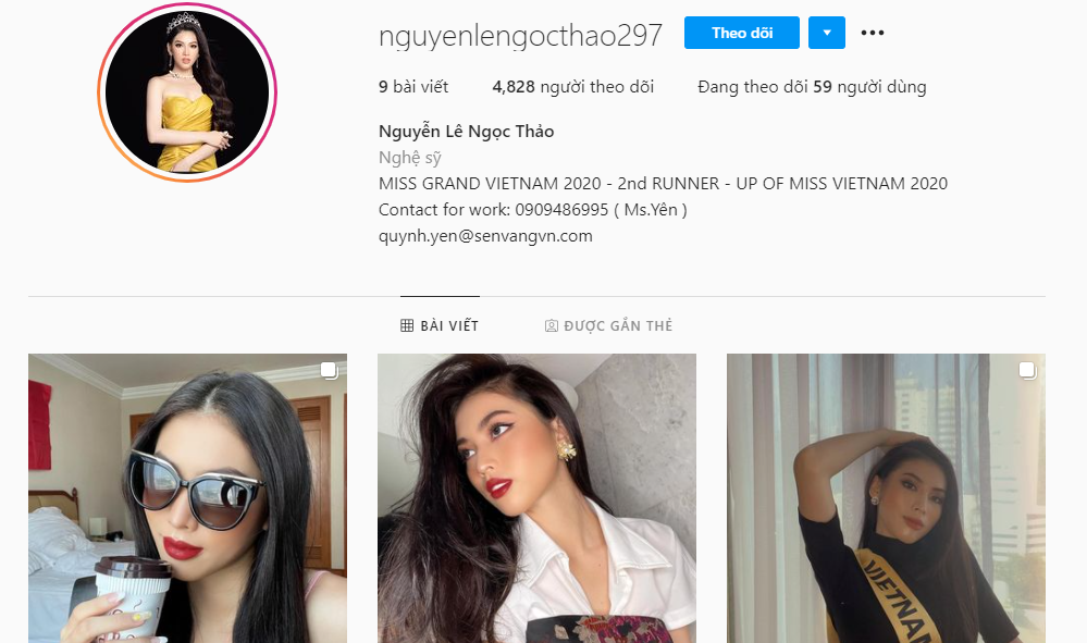 Tài khoản Instagram mới của á hậu Ngọc Thảo sau khi bị hack nick.