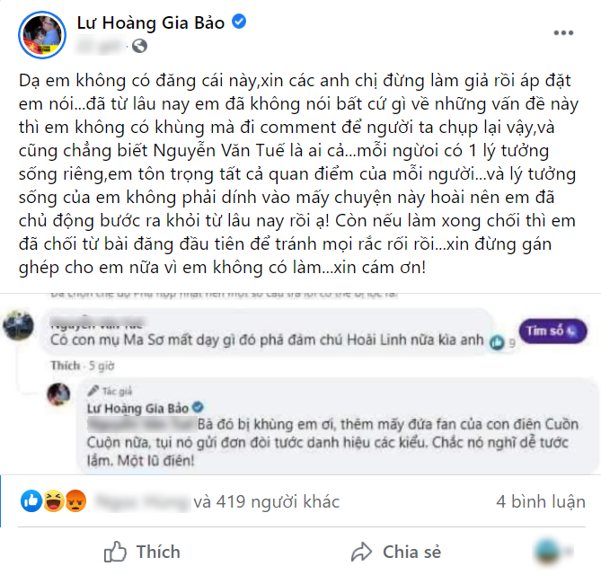 Không chỉ con trai Hoài Linh, Gia Bảo cũng bị dính đạn vì bình luận cho là chửi bà Phương Hằng?