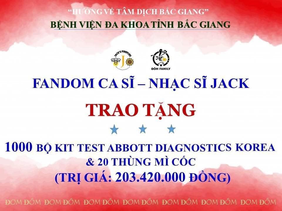 FC của Jack tiếp tục chi 200 triệu tặng 1000 bộ kit test Covid-19 nhanh cho Bắc Giang