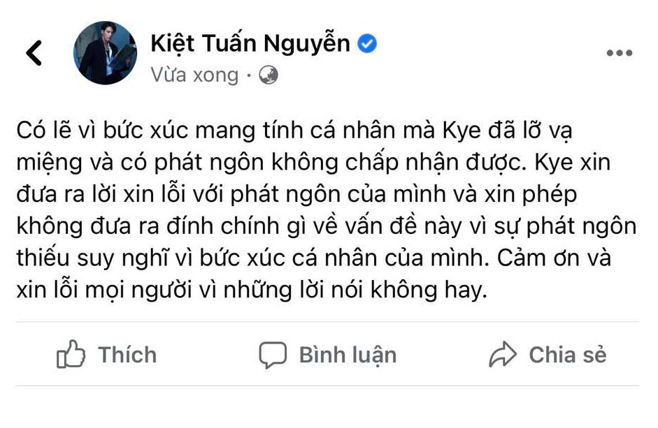 Dòng trạng thái xin lỗi đầu tiên của Kye Nguyễn với văn phong lọng cọng nên đã được xóa đi.