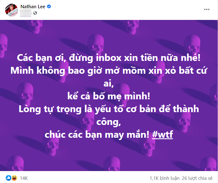 Bị CĐM nhắn tin xin tiền, Nathan Lee bức xúc: 'Mình chưa từng mở mồm xin xỏ, đói cho sạch rách cho thơm' - ảnh 1