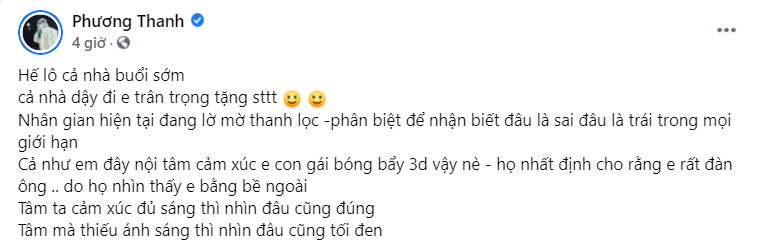 Phương Thanh ẩn ý: 'Nhân gian đang lờ mờ thanh lọc, phân biệt đúng sai trong mọi giới hạn' - ảnh 1