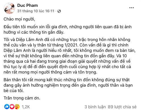 Sau khi mẹ ruột lên tiếng, chồng Diệp Lâm Anh đã mở lại Facebook nhưng động thái đi kèm mới gây chú ý?