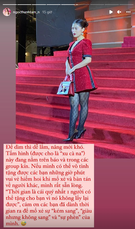 Bị chê con gái đại gia thủy sản nhưng ăn mặc phèn lên thảm đỏ, Ngọc Thanh Tâm nói gì?