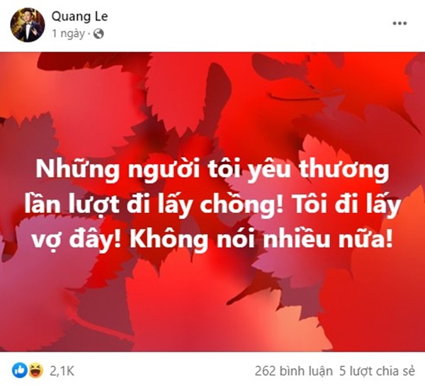 Quang Lê bất ngờ thông báo lấy vợ và đây là mỹ nhân được CĐM lập tức gọi tên