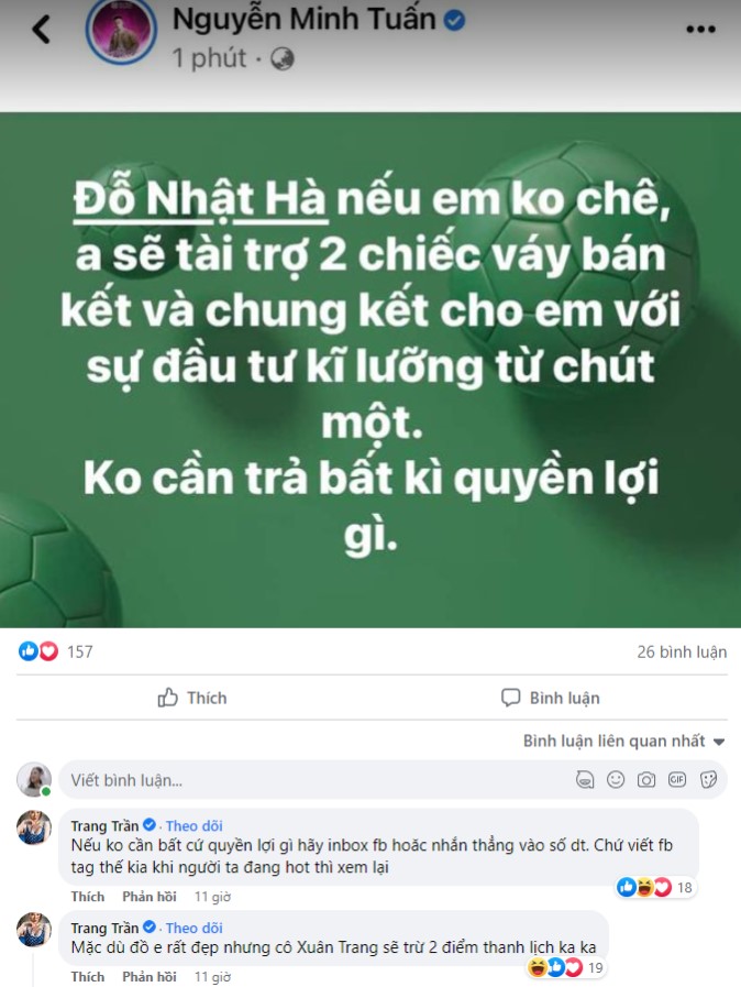 NTK Nguyễn Minh Tuấn muốn tài trợ váy cho Đỗ Nhật Hà không cần quyền lợi, Trang Trần lên tiếng: Phải xem lại