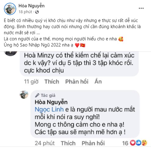 Chia sẻ của Hòa Minzy khi bị chỉ trích khóc quá nhiều trong chương trình.