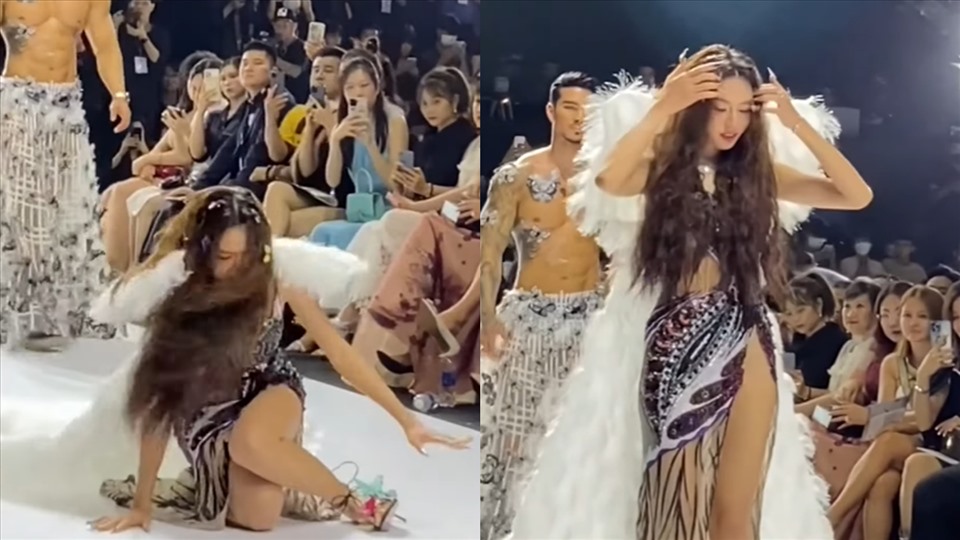 Thùy Tiên gặp sự cố ngã trên sàn catwalk trong show thời trang ngày 29/05.