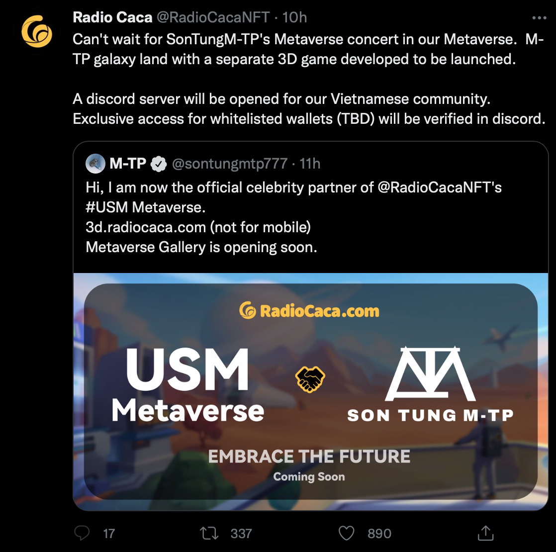 Trang chủ của Radio Caca trên Twitter cũng cho biết thêm về các quyền lợi mà fan Sơn Tùng M-TP có được trên USM Metaverse