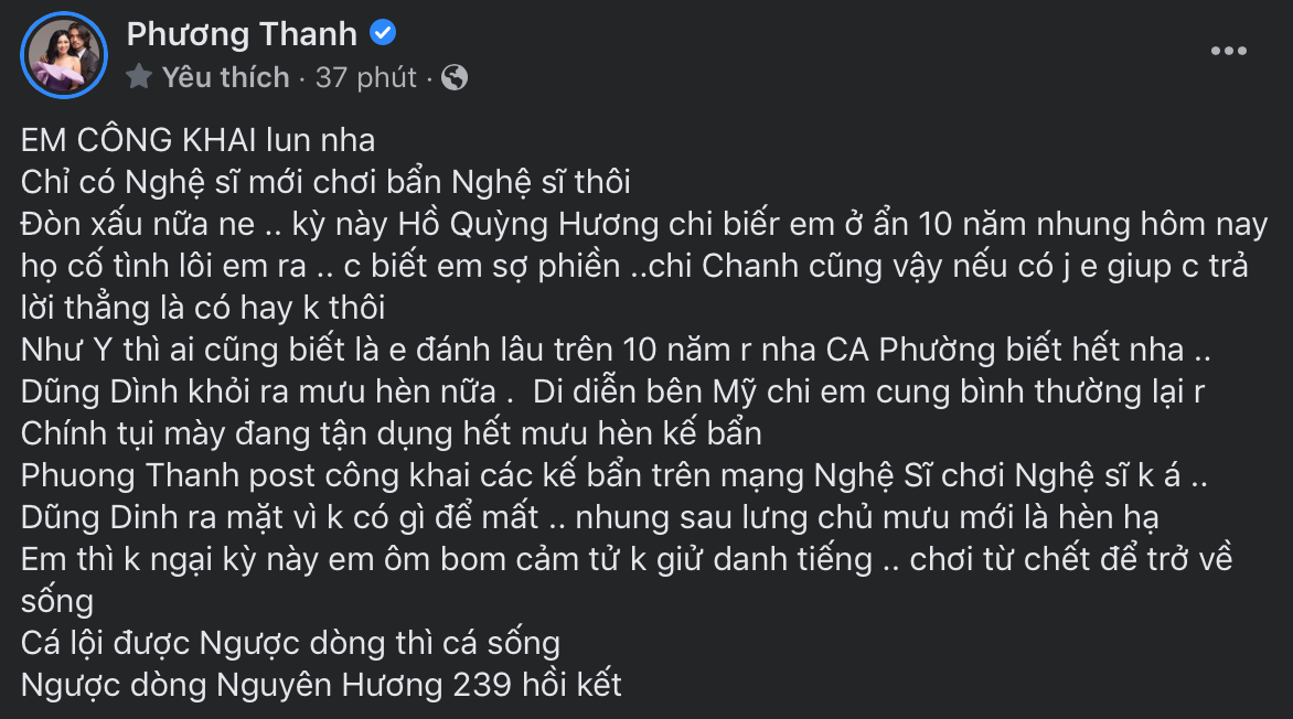 Bị nam ca sĩ “tố” từng bạo lực với đồng nghiệp, Phương Thanh gọi thẳng Hồ Quỳnh Hương để đính chính