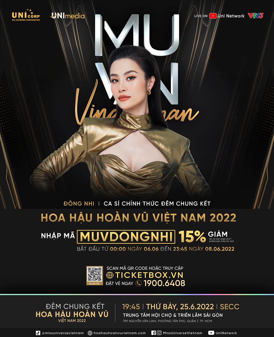 Poster chính thức của Đông Nhi xuất hiện trên fanpage Hoa hậu Hoàn vũ Việt Nam, xác nhận việc nữ ca sĩ sẽ tham gia đêm chung kết