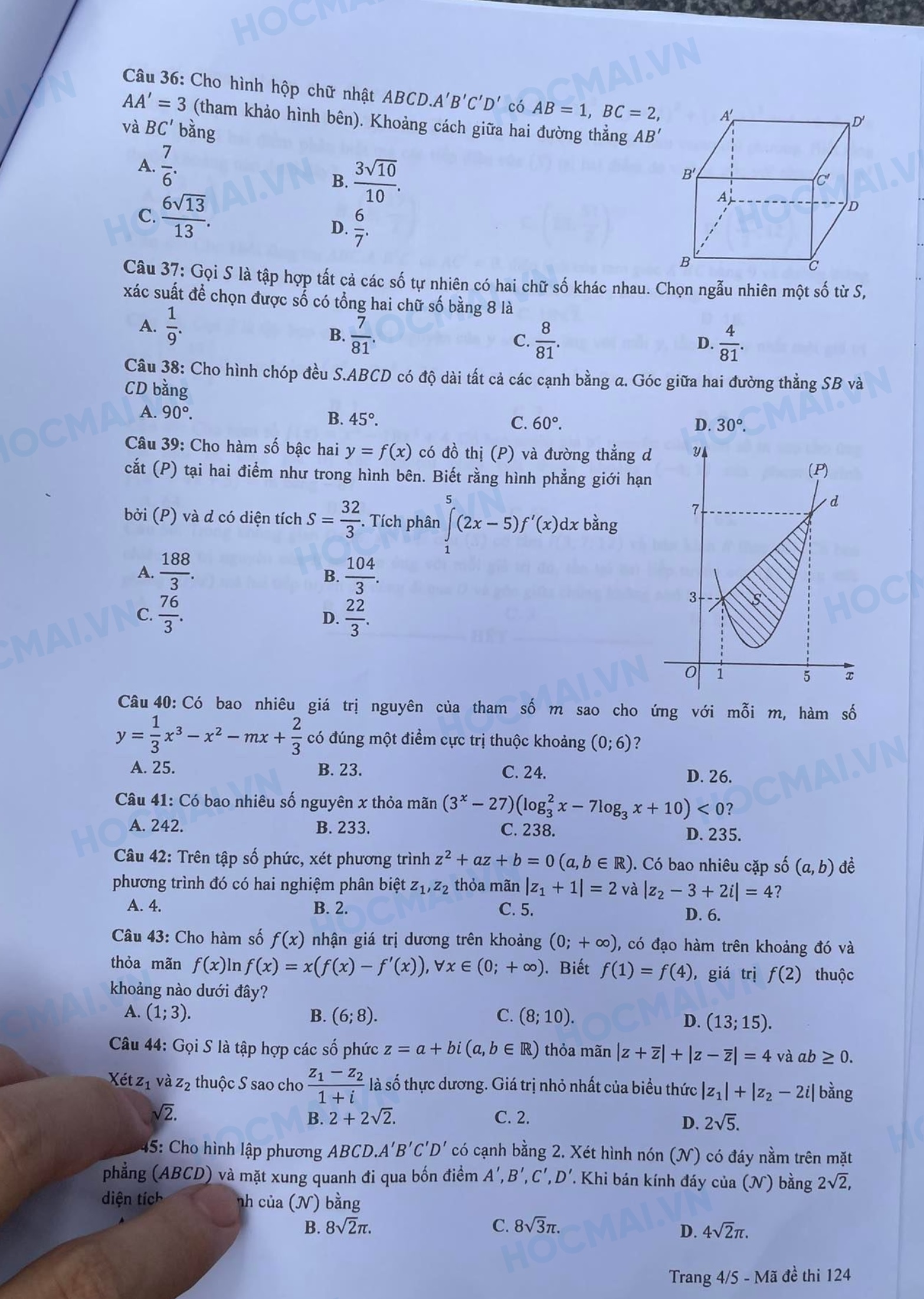 Đáp án tham khảo môn Toán thi tốt nghiệp THPT 2023 mã đề 124 - ảnh 5