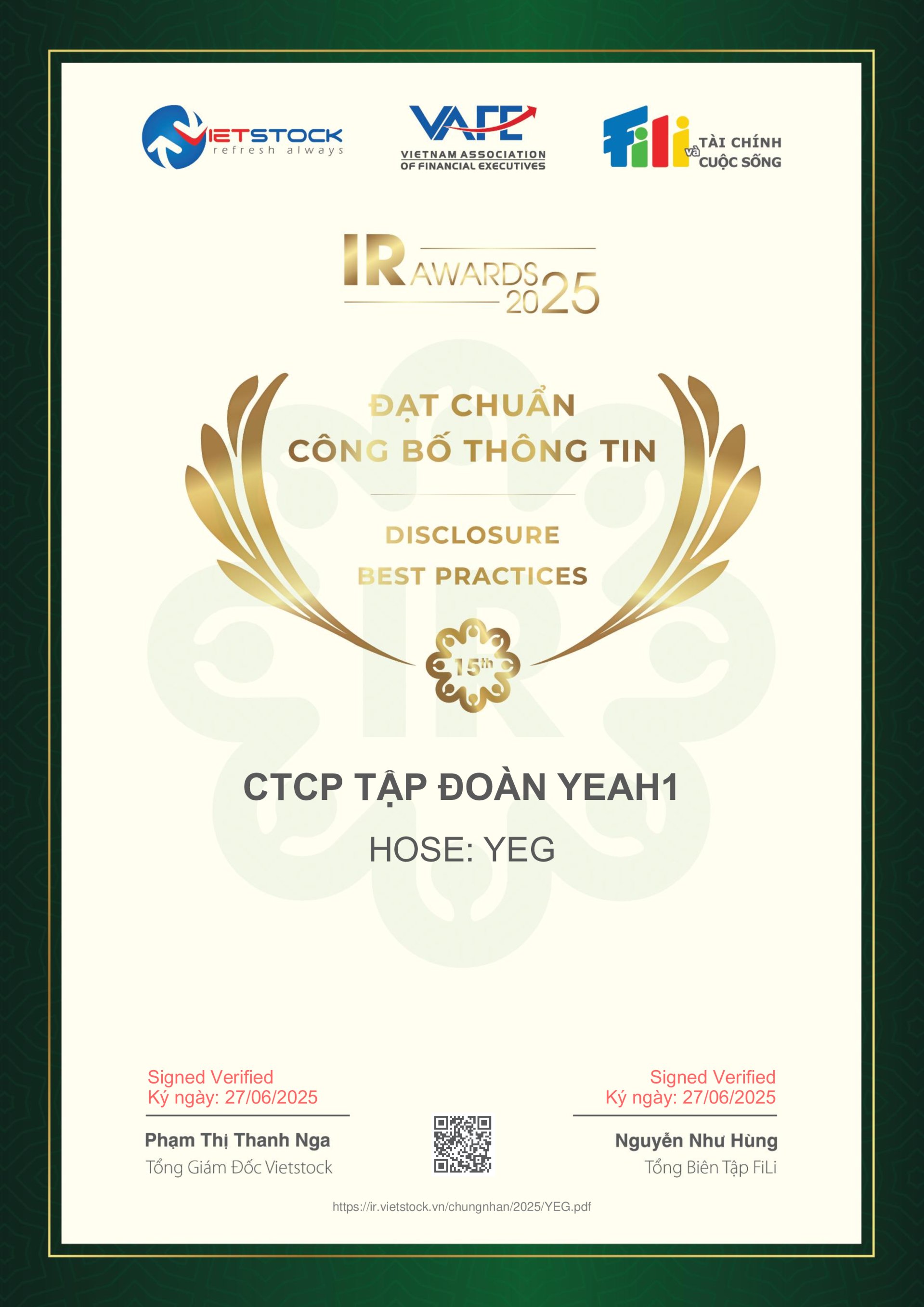 YeaH1 đạt danh hiệu “Doanh nghiệp đạt Chuẩn Công bố thông tin năm 2025”