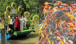 Độc lạ trong đám cưới Puka ở Đồng Tháp: Chú rể dùng ghe đón dâu, tậu hồ nước 100 cá Koi với đầm sen trắng