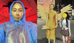 Hoa hậu Thùy Tiên bị bắt gặp khi đang hóa trang tượng đồng trên phố, biểu cảm thế nào mà gây sốt?
