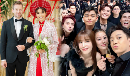 Dàn sao Việt diện đồ đen dự đám cưới Minh Tú, cô dâu mặc Áo dài đỏ lấy cảm hứng từ ba mẹ