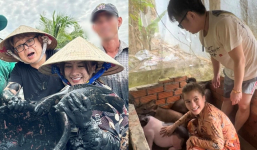 Đức Nhân đưa chồng người Nhật về Việt Nam tắm heo, lội ruộng bắt cá mặc sình bùn khiến netizen thích thú