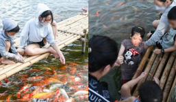 Cảnh báo tình trạng trẻ em té ngã khi đến check-in hồ 12.000 cá Koi