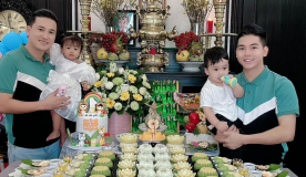 Hà Trí Quang - Thanh Đoàn tổ chức thôi nôi cho 2 con song sinh, nhìn mâm cỗ gấp đôi dân tình hoa cả mắt