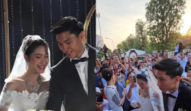 Lúc này ở Thái Bình, dân làng đổ xô đến đám cưới Đoàn Văn Hậu, cô dâu xuất hiện với visual xinh đẹp
