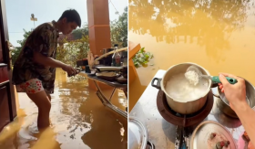 Lội nước lũ nấu “cơm cữ cho Hoàng hậu”, chồng Bắc Ninh khiến dân tình khen rần rần