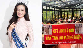 Anti-fan Hoa hậu Ý Nhi tổ chức off fan linh đình, giăng băng rôn hoành tráng quyết tâm đòi “tước vương miện”