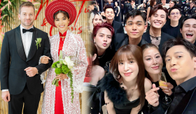 Dàn sao Việt diện đồ đen dự đám cưới Minh Tú, cô dâu mặc Áo dài đỏ lấy cảm hứng từ ba mẹ