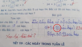 Bài toán tìm số kẹo 18-5=13 nhưng bị gạch sai, cô giáo đưa ra đáp án là 23 gây tranh cãi