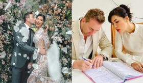Minh Tú diện áo dài cùng chồng Tây đi đăng ký kết hôn