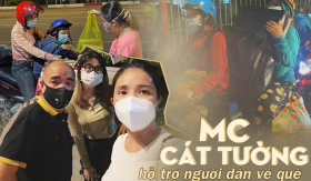 MC Cát Tường cùng con gái và bạn bè đồng nghiệp hỗ trợ người dân từ Sài Gòn về quê