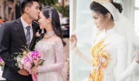 Những chiếc áo dài cưới 'gây choáng' của Vbiz: Vợ Hà Đức Chinh diện áo giá 120 triệu, của Lan Khuê được thêu vàng 18k
