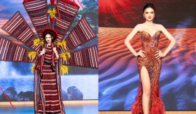 Á Hậu Thu Ngân mang trang phục dân tộc đan tay từ sợi tái chế đến Miss Intercontinental