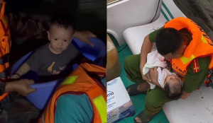 Xót xa đến đau lòng hình ảnh các em bé chạy lũ cùng bố mẹ, khiến ai nhìn cũng nghẹn lòng “Thương quá”