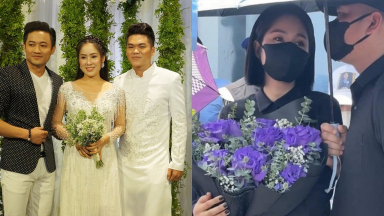 Lê Phương cùng chồng mang 8 bông hoa hồng tím đến lễ thủy táng diễn viên Quý Bình, ý nghĩa phía sau gây xúc động