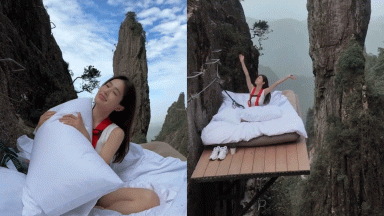 Du khách thử cảm giác mạnh trên chiếc giường lơ lửng bên mép vực