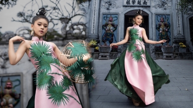 Mẫu nhí Minh Vy diện áo dài lấy cảm hứng từ lá cọ