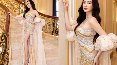 Đoàn Hồng Trang khoe khéo cặp 'kiếm nhật' trong thiết kế xẻ tà của NTK Tommy Nguyễn