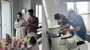 Lễ đầy tháng con gái nhà Ngô Thanh Vân – Huy Trần ngập sắc hồng, ái nữ có đến 2 người hỗ trợ chăm sóc