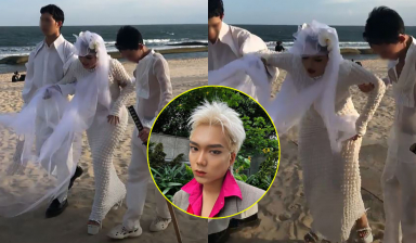 Phạm Thoại mang giày cao gót giữa bãi biển, không đứng đi được phải nhờ 2 người dìu đỡ