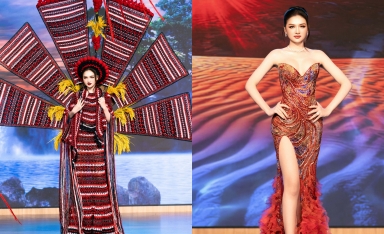 Á Hậu Thu Ngân mang trang phục dân tộc đan tay từ sợi tái chế đến Miss Intercontinental
