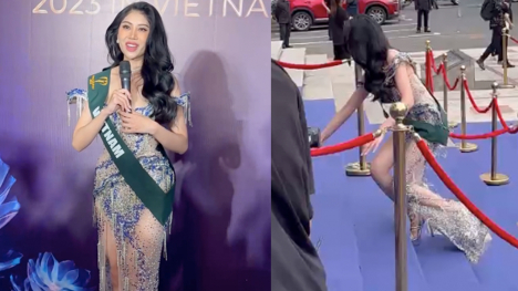 Hoa hậu Trái đất Việt Nam 2023 té ngã trên thảm xanh, phản ứng sau đó nhận được khen ngợi