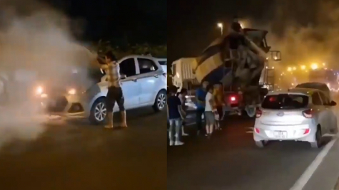 Xe ô tô đang chạy thì tự “bốc hỏa” trong đêm, 'Thần May Mắn' xe bồn ở đâu xuất hiện kịp thời ứng cứu